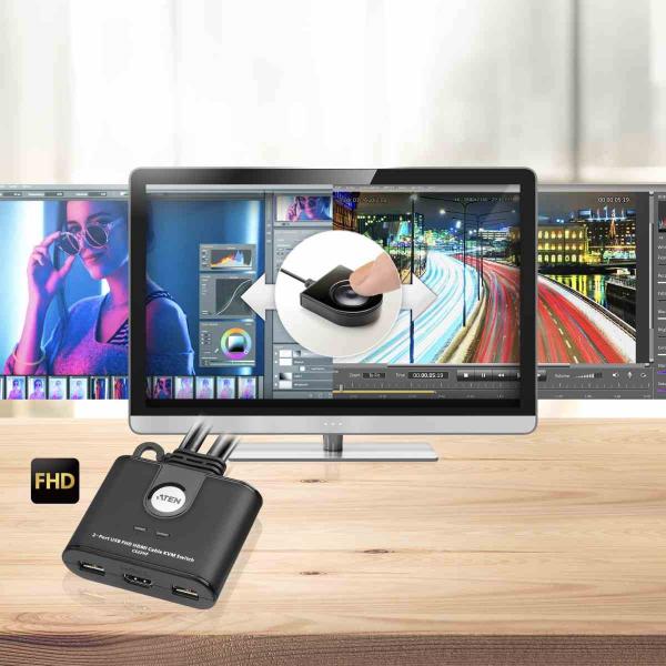 ATEN 2-port mini HDMI KVM USB,  integrované kabely,  tlačítko pro přepínání2