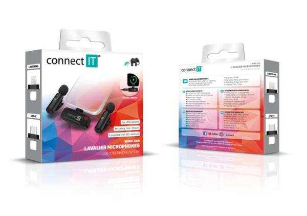 CONNECT IT Mikrofon ClipMic,  2x Bezdrátový Lavalier mikrofón s přijímačem,  Lightning konektor,  černá2