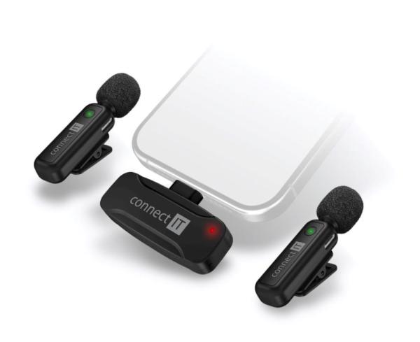 CONNECT IT Mikrofon ClipMic,  2x Bezdrátový Lavalier mikrofón s přijímačem,  USB-C konektor,  černá