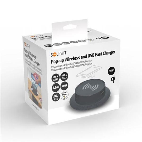 Solight bezdrátová 15W + USB A+C 20W PD výsuvná nabíječka,  černá1