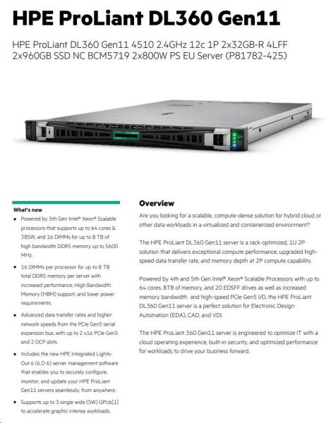HPE PL DL360g11 4510 (2.4G/ 12C) (p64706) 2x32G 2x960G VROC 4LFF LPC 2x800W 4x1G Smart Choice5