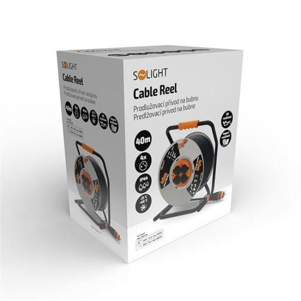 Solight prodlužovací přívod - na kovovém bubnu,  4 zásuvky,  40m kabel guma-neopren,  3x 2, 5mm2,  IP447