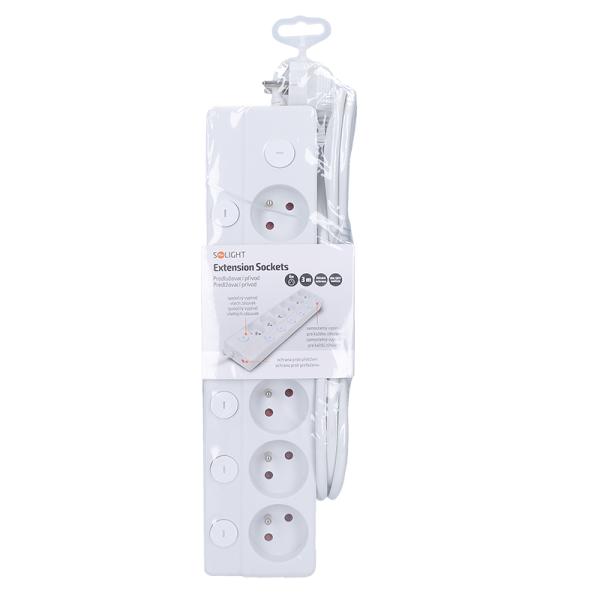 Solight 6z prodlužovací přívod,  3m,  3 x 1mm2,  bílý,  6+1 vypínač5