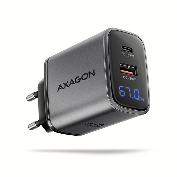 AXAGON ACU-PQ67D GaN nabíjačka do siete 67W, USB-A+USB-C, PD3.0/ PPS/ QC4+/ SFC2.0/ Apple, LCD display