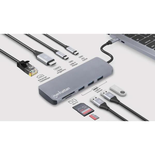 MANHATTAN Dokovací stanice USB-C 9v1,  1xHDMI,  2xUSB-C,  3xUSB,  1xRJ45,  čtečka SD karet,  šedá4