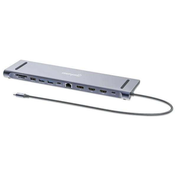 MANHATTAN Dokovací stanice USB-C 12v1,  1xDP,  2xHDMI,  2xUSB-C,  3xUSB,  1xRJ45,  čtečka SD karet,  šedá