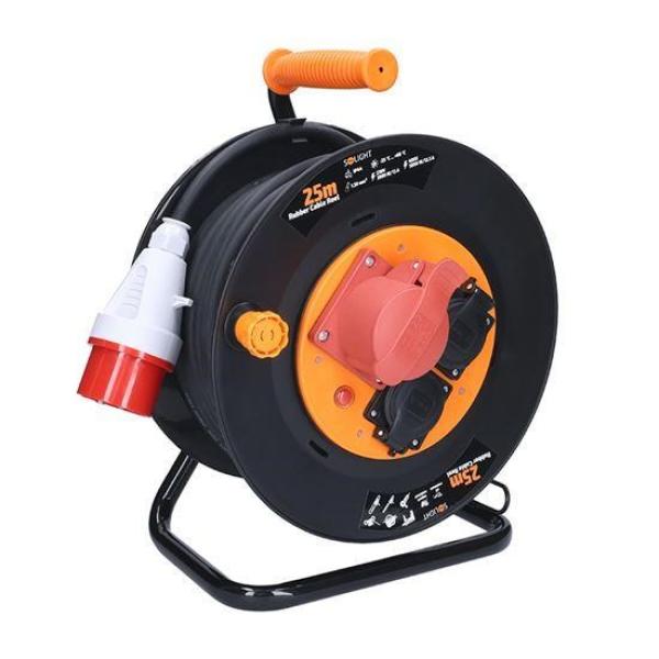 Solight prodlužovací přívod na bubnu,  3 zásuvky,  400V + 230V,  25m gumový kabel 5x1, 5mm2,  IP44