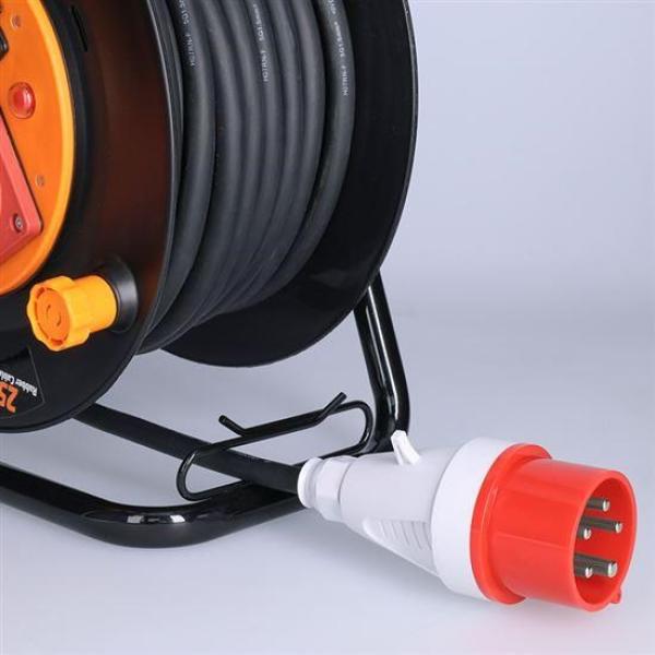 Solight prodlužovací přívod na bubnu,  3 zásuvky,  400V + 230V,  25m gumový kabel 5x1, 5mm2,  IP443