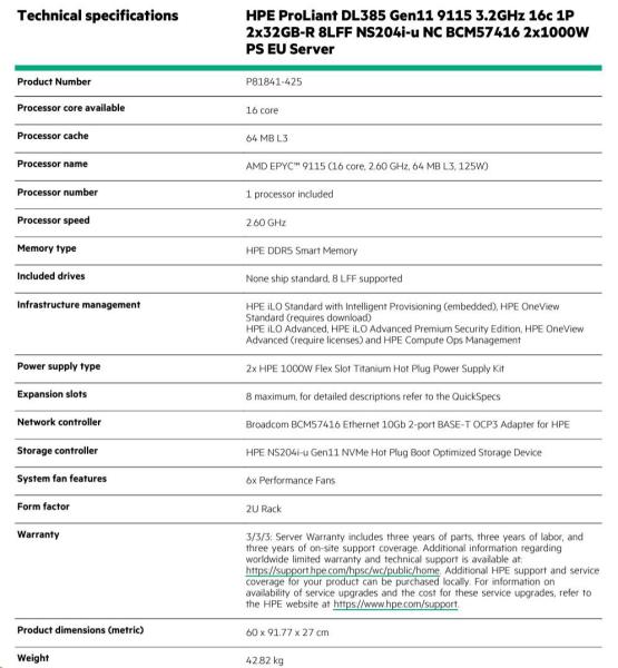 HPE PL DL385g11 AMD EPYC 9115 (2.6/ 16C) 2x32G (P64985) NS204i (2x480) 2x1000W 8LFF 2p10GT Smart Choice1