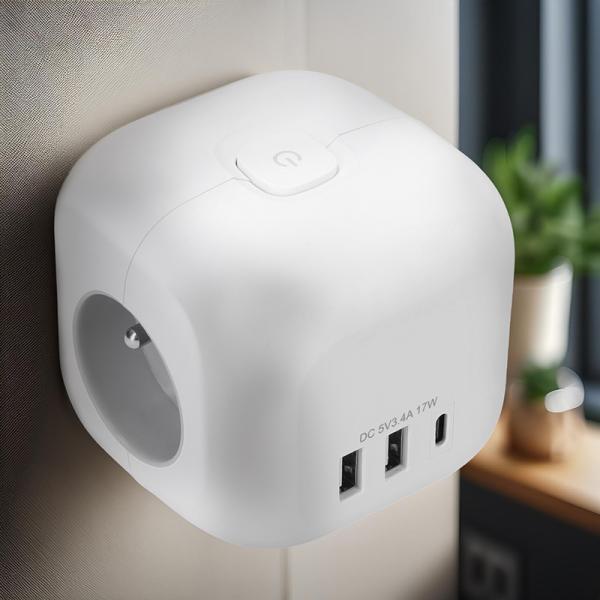 Solight rozbočka kostka,  3x 16A + USB A+C,  bílá,  vypínač1