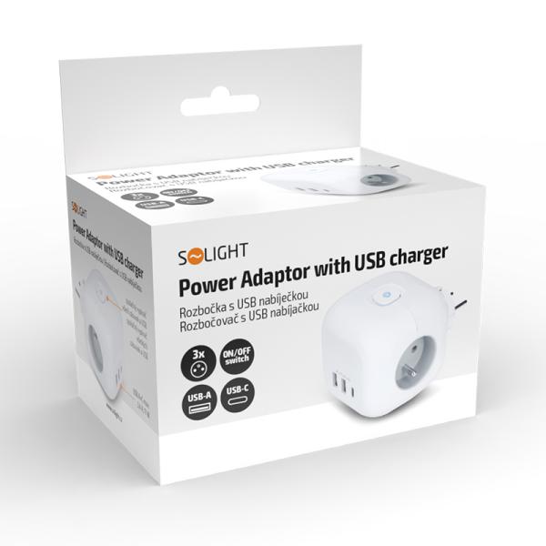 Solight rozbočka kostka,  3x 16A + USB A+C,  bílá,  vypínač6