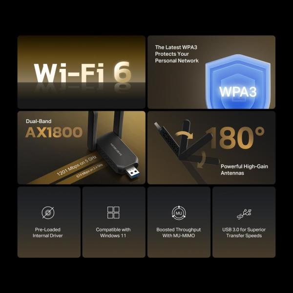 MERCUSYS MA72XH WiFi6 USB adapter (AX1800, 2, 4GHz/ 5GHz, USB3.0)3