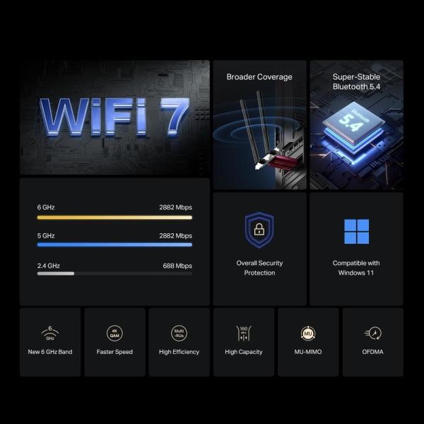 MERCUSYS MA37BE WiFi7 PCIe adapter (BE6500, 2, 4GHz/ 5GHz/ 6GHz, Bluetooth5.4)1