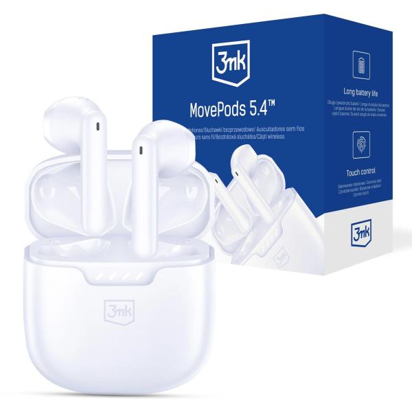 3mk bezdrátová stereo sluchátka MovePods 5.4,  stereo,  nabíjecí pouzdro,  bílá
