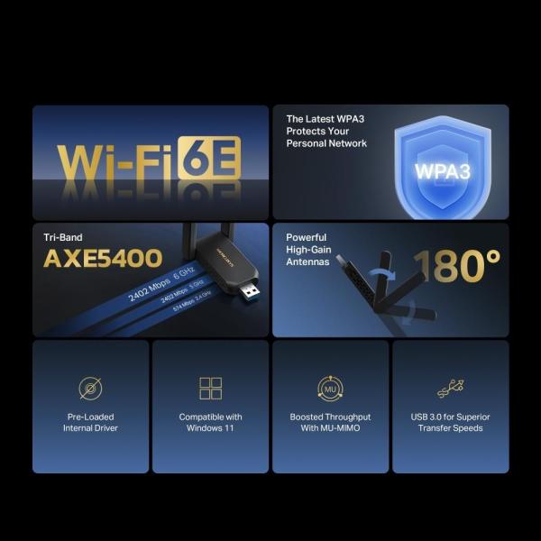MERCUSYS MA86XH WiFi6 USB adapter (AXE5400, 2, 4GHz/ 5GHz/ 6GHz, USB3.0)1