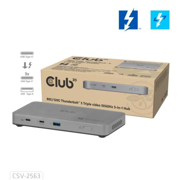 Club3D hub Thunderbolt 5 5v1,  3x USB-C TB5,  1x USB-A,  1x8K60Hz,  3x 5K60Hz,  certifikace Thunderbolt Share,  180W