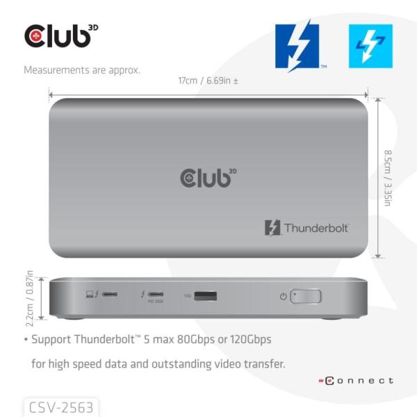 Club3D hub Thunderbolt 5 5v1,  3x USB-C TB5,  1x USB-A,  1x8K60Hz,  3x 5K60Hz,  certifikace Thunderbolt Share,  180W3