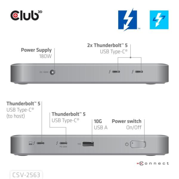 Club3D hub Thunderbolt 5 5v1,  3x USB-C TB5,  1x USB-A,  1x8K60Hz,  3x 5K60Hz,  certifikace Thunderbolt Share,  180W0