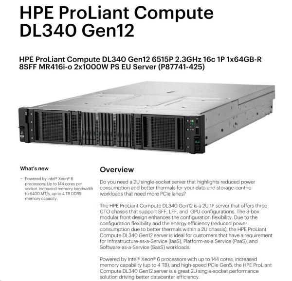 HPE PL DL340g12 6515P (2.4/ 16C) 1x64G (P69728) NS204(2x480) MR416i-o 8SFF 2x1000W 2p10G-T PerfFans NBD333 Smart Choice5