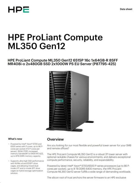 HPE PL ML350g12 6515P (2.4/ 16C) 1x64G (P69728) 2x480G MR408i-o 8SFF 2x1000W 4p1G NBD333 Smart Choice2