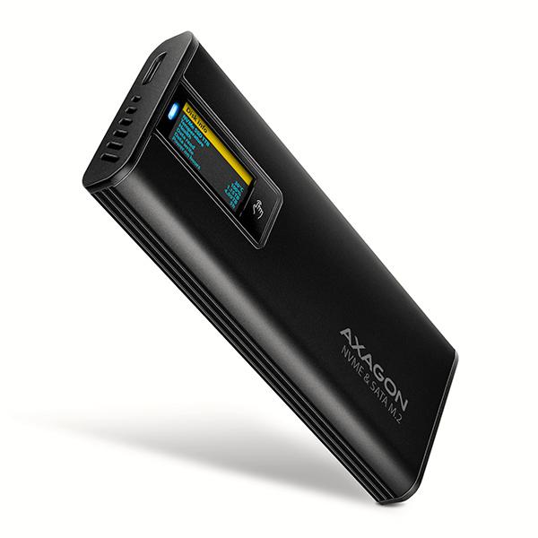 AXAGON EEM2-SD2B,  USB-C 10Gbps externí box s displejem pro M.2 NVMe/ SATA SSD,  bezšroubkový,  černý