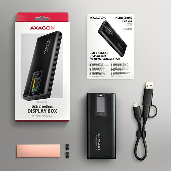AXAGON EEM2-SD2B,  USB-C 10Gbps externí box s displejem pro M.2 NVMe/ SATA SSD,  bezšroubkový,  černý9