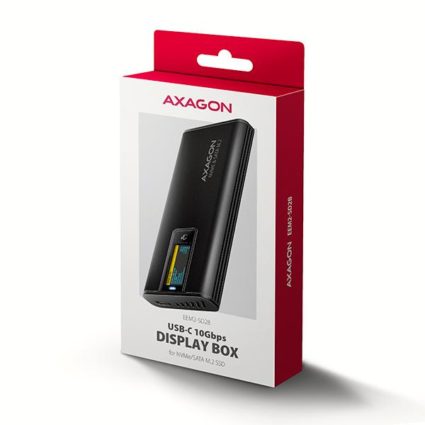 AXAGON EEM2-SD2B,  USB-C 10Gbps externí box s displejem pro M.2 NVMe/ SATA SSD,  bezšroubkový,  černý10