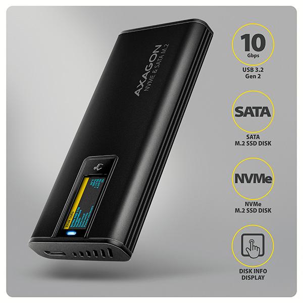 AXAGON EEM2-SD2B,  USB-C 10Gbps externí box s displejem pro M.2 NVMe/ SATA SSD,  bezšroubkový,  černý1