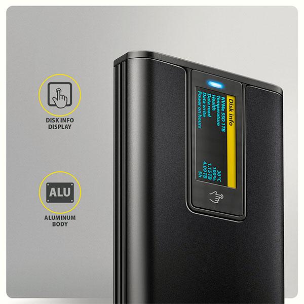 AXAGON EEM2-SD2B,  USB-C 10Gbps externí box s displejem pro M.2 NVMe/ SATA SSD,  bezšroubkový,  černý2