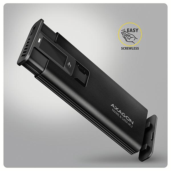 AXAGON EEM2-SD2B,  USB-C 10Gbps externí box s displejem pro M.2 NVMe/ SATA SSD,  bezšroubkový,  černý5
