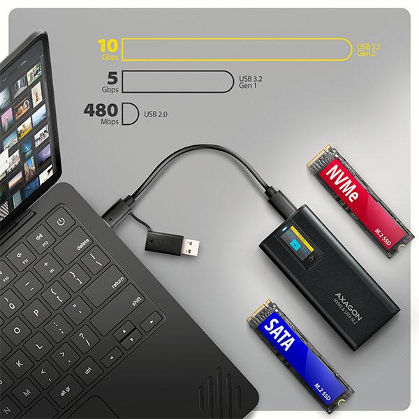 AXAGON EEM2-SD2B,  USB-C 10Gbps externí box s displejem pro M.2 NVMe/ SATA SSD,  bezšroubkový,  černý7