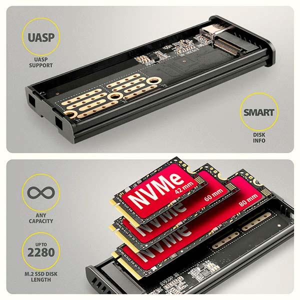 AXAGON EEM2-SD2B,  USB-C 10Gbps externí box s displejem pro M.2 NVMe/ SATA SSD,  bezšroubkový,  černý8