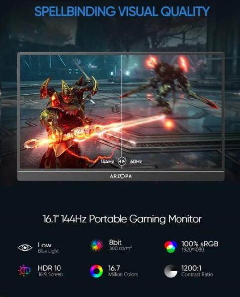 Arzopa Z1FC Portable Monitor 16.1" 144hz IPS Full HD 1080p Metal Housing Přenosný monitor + pouzdro,  šedý0
