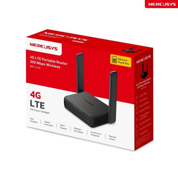 Mercusys MB113-4G WiFi4 router (N300,  4G LTE,  2, 4GHz,  1x100Mb/ s LAN/ WAN, 1x100Mb/ s LAN, 1xnanoSIM)4