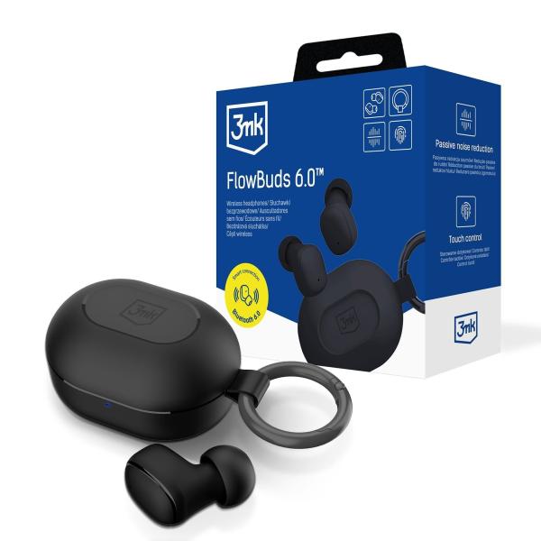 3mk bezdrátová stereo sluchátka FlowBuds 6.0 black,  nabíjecí pouzdro,  černá