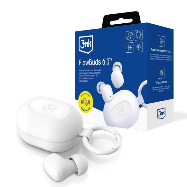 3mk bezdrátová stereo sluchátka FlowBuds 6.0 white,  nabíjecí pouzdro,  bílá