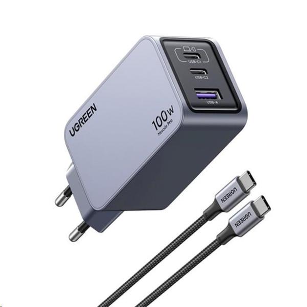 UGREEN síťová rychlonabíječka Nexode Pro 100W 3-Port,  2x USB-C,  1x USB-A,  GaN,  stříbrná