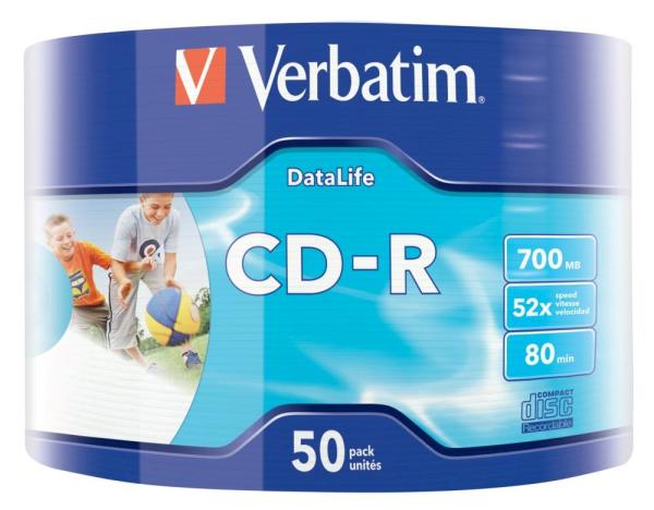 VERBATIM CD-R (50-pack)Spindle/ Extra Protection Datalife Inkjet Printable Wrap / 52x/ 700MB WRAP