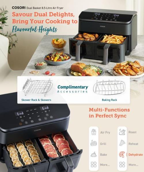 BAZAR - Cosori Dual Basket horkovzdušná fritéza 8.5l  + 5x špíz a rošt - Rozbaleno (Komplet)7