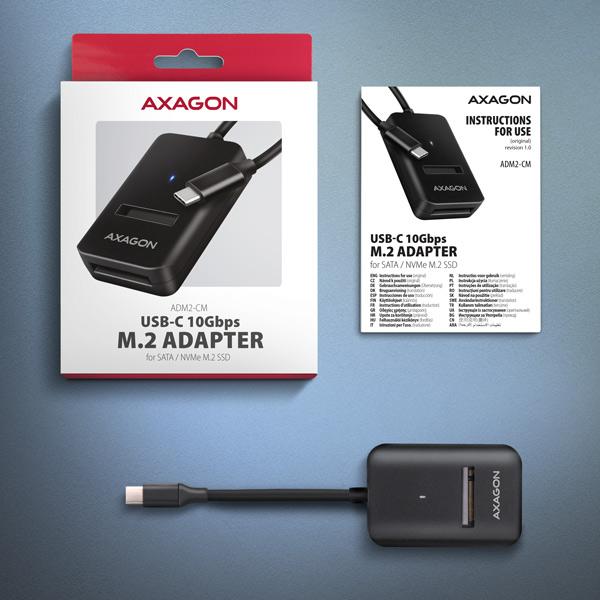 BAZAR - AXAGON ADM2-CM USB-C 10Gbps - M.2 NVMe & SATA SSD adaptér,  kabel USB-C 10cm - Poškozený obal (Komplet)5