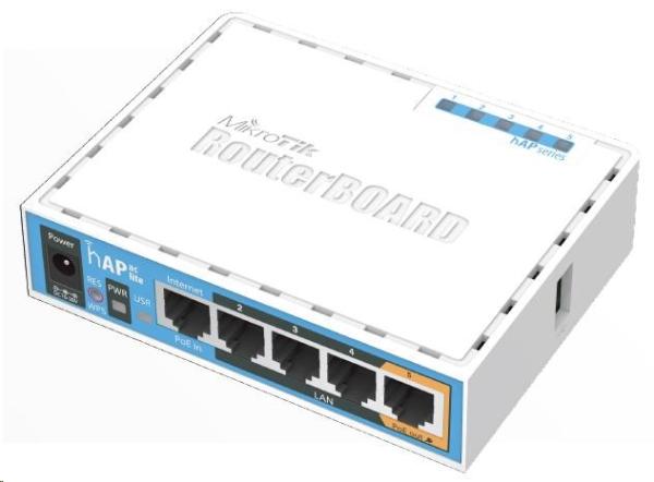 MikroTik hAP ac lite, 650MHz CPU, 64MB RAM, 5x LAN, 2.4 + 5GHz Wi-Fi 802.11b/ g/ n/ ac, vrátane. L4