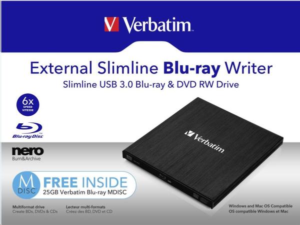 VERBATIM Slimline Blu-ray Rewriter USB 3.0 Bezplatný BR disk 25 GB (CD DVD BD Mdisc)1