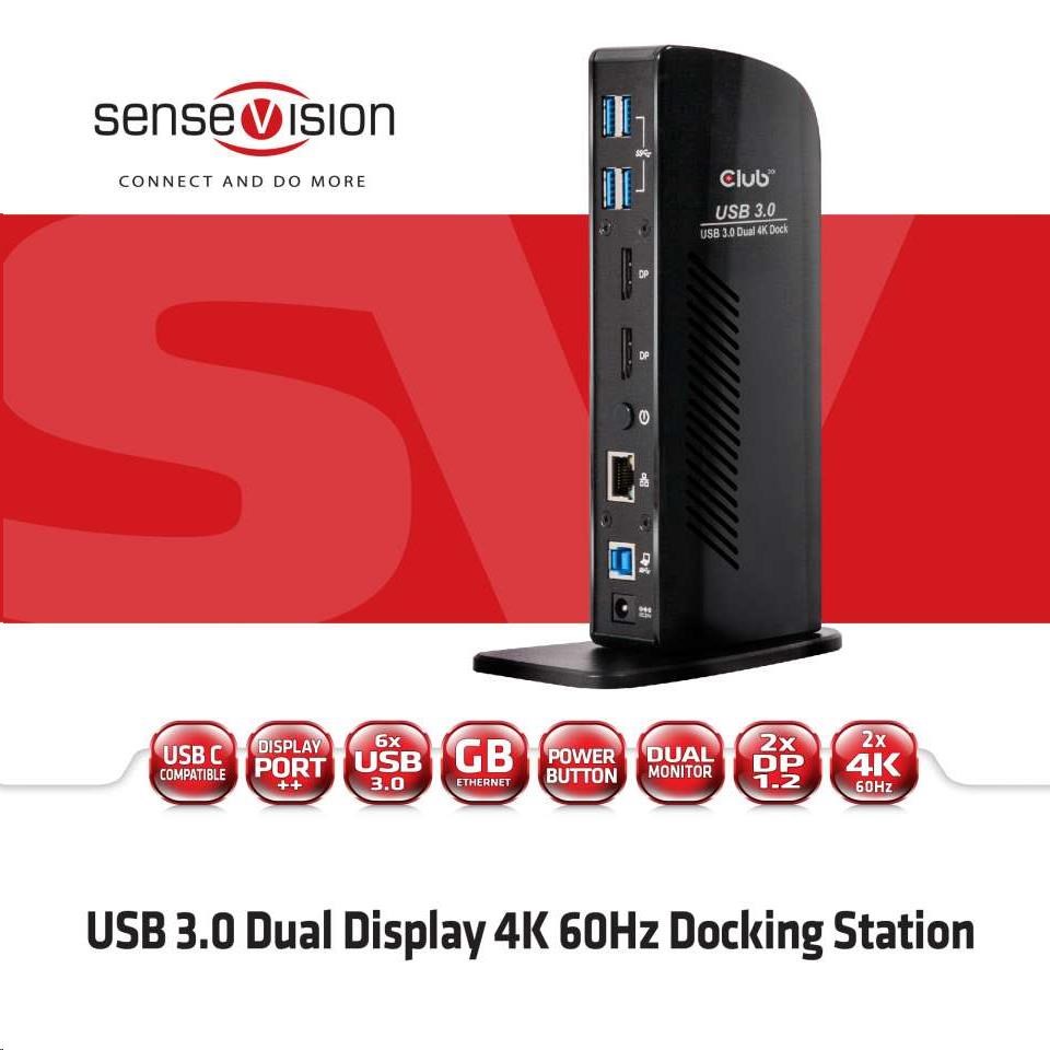 Club3D USB-A a USB-C Dual Display 4K60Hz Dokovacia stanica (6x USB 3.0/ 2x DP/ Ethernet/ USB-B/ 2x audio)2 