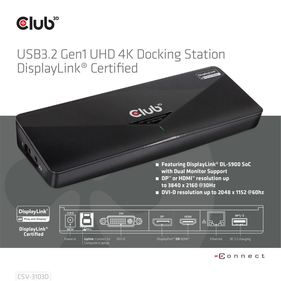 Club3D Dokovací stanice USB-A 8v1,  1xDP,  1xHDMI,  1xDVI-D,  3xUSB,  1xRJ45,  1x3.5mm,  černá1 