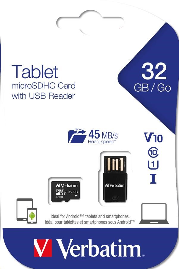 VERBATIM Tablet microSDHC C10/ U1 s USB čítačkou 32GB (R:45MB/ s,  W:10MB/ s)5 