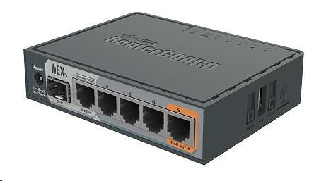 MikroTik RouterBOARD hEX S,  880MHz dvojjadrový CPU,  256MB RAM,  5x LAN,  1x SFP,  PoE in/ out,  USB,  microSD slot,  vrátane. 1 