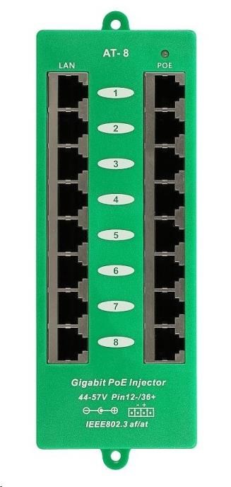 POE injektor aktivní - 8x 1Gb/ s,  stíněný,  svorkovnice,  802.3af/ at0 