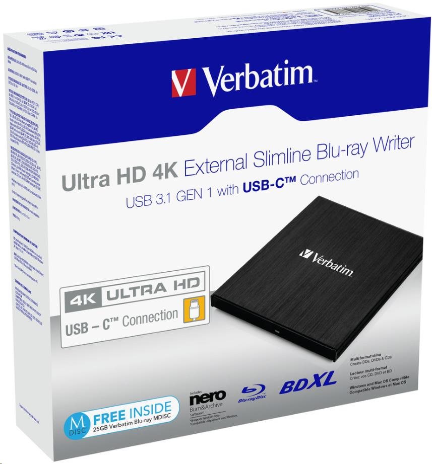 VERBATIM Ultra HD 4K Blu-ray externá slimline napaľovačka (USB 3.1,  USB-C) + bezplatné 25GB médium4 