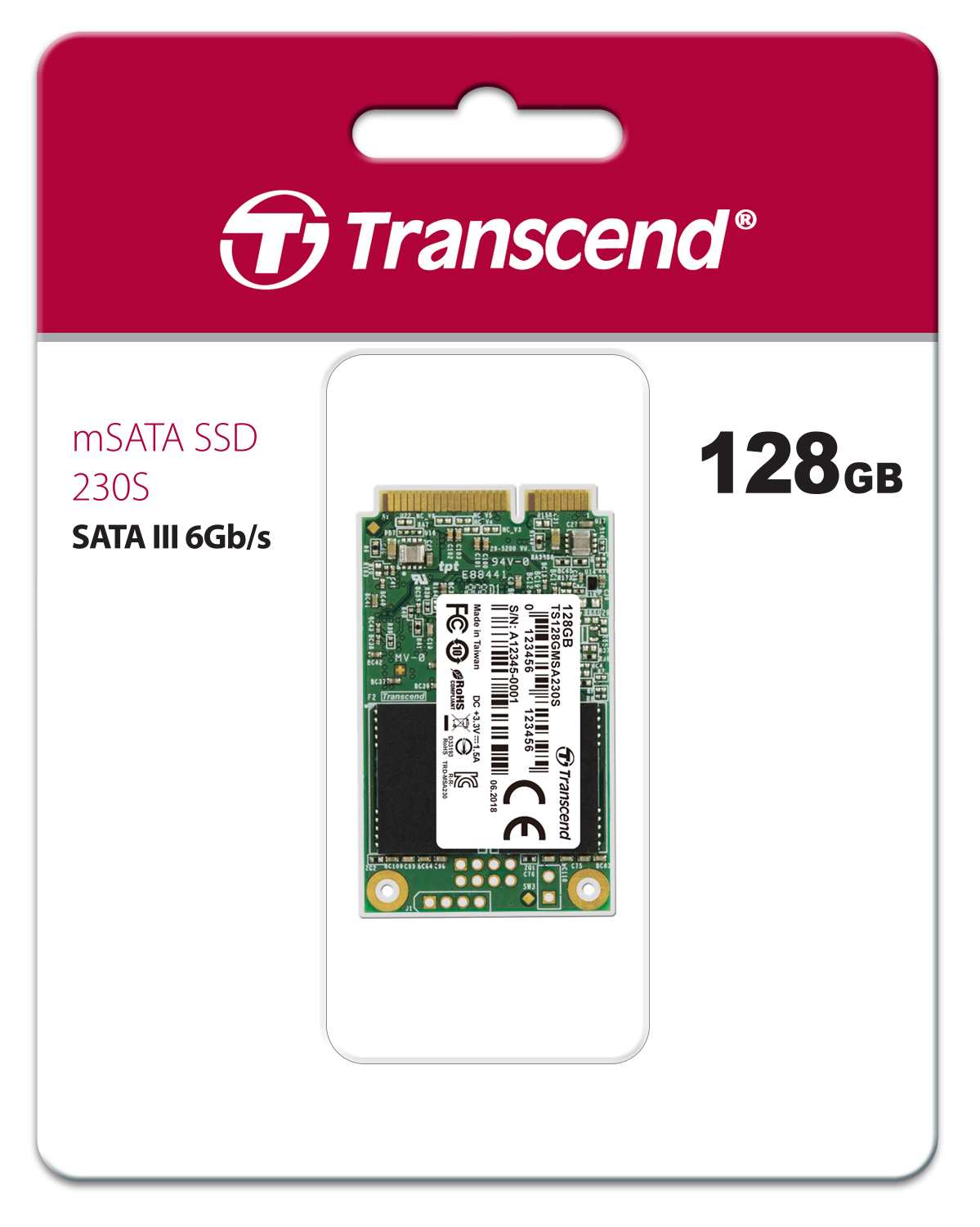 TRANSCEND Industrial SSD MSA230S 128GB,  mSATA,  SATA III,  3D TLC3 