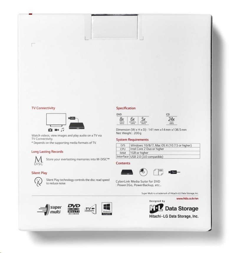 HITACHI LG - externá mechanika DVD-W/ CD-RW/ DVD±R/ ±RW/ RAM GP57EW40,  Slim,  biela,  krabica+SW4 